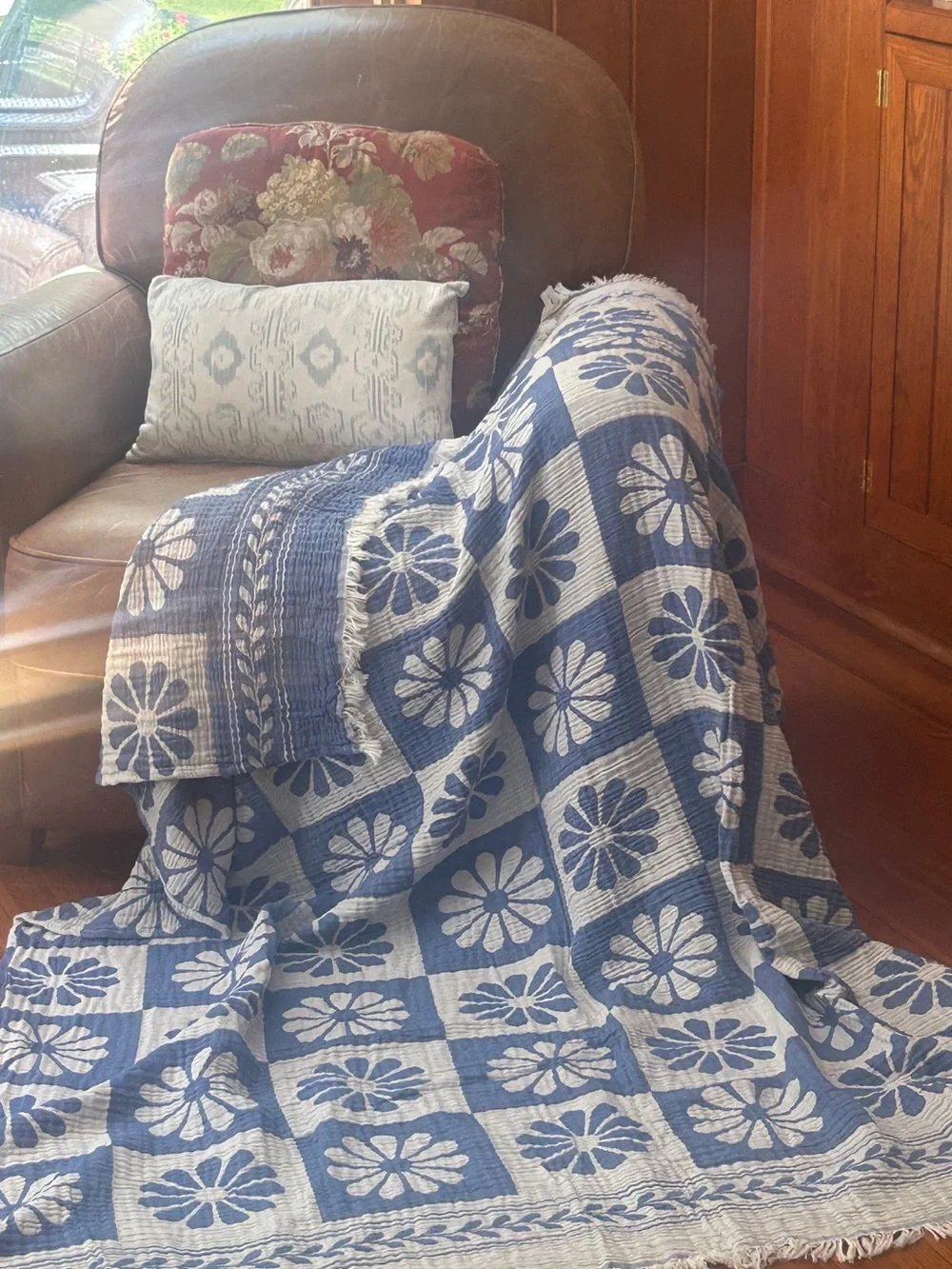 Blue and White Floral Cotton Throw Blanket - Soft Quilted Throw Blanket 55 x 75